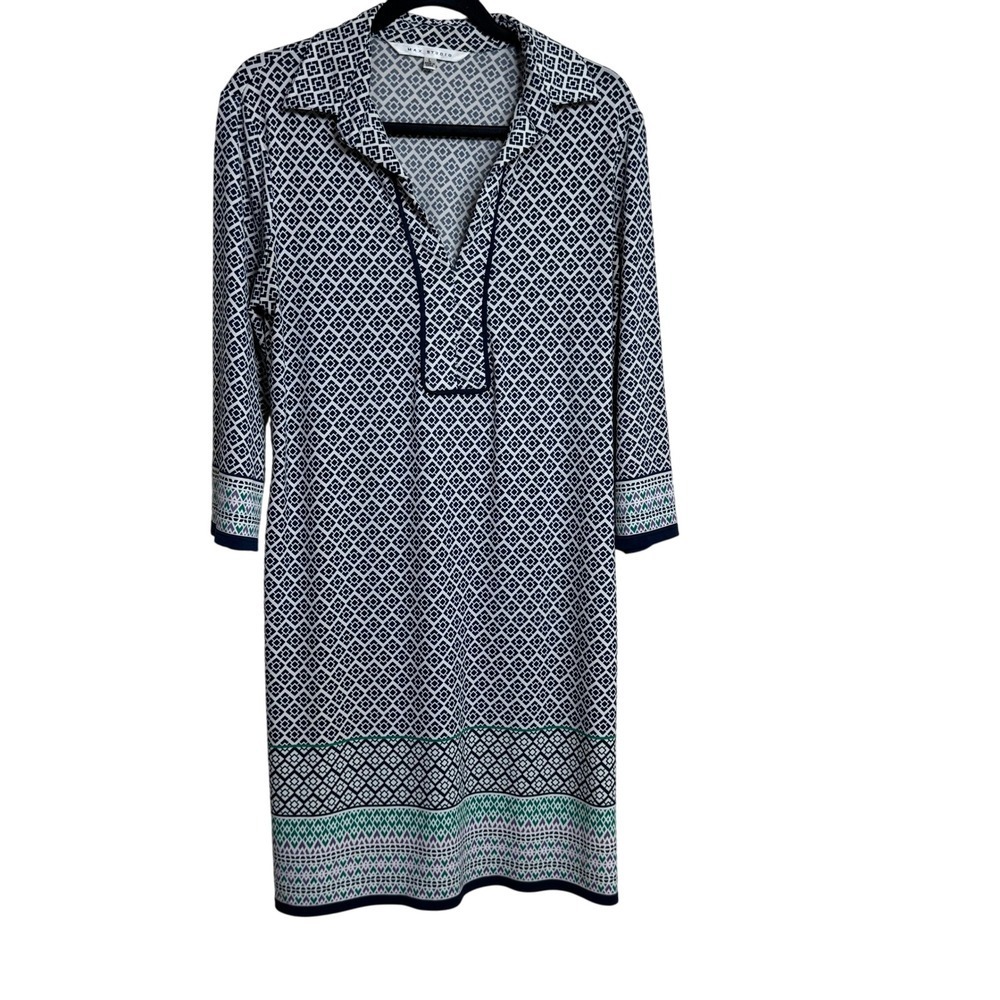 Max Studio Geometric Print Collared Dress Navy White Green Purple‎ Size L